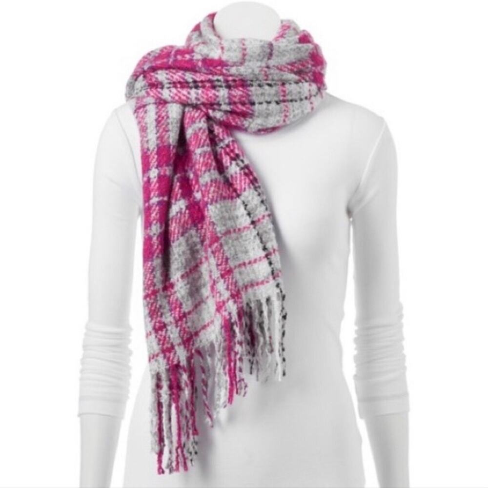 Juicy Couture Pink Gray White Black Purple Oversized Fringe Plaid Blanket Scarf